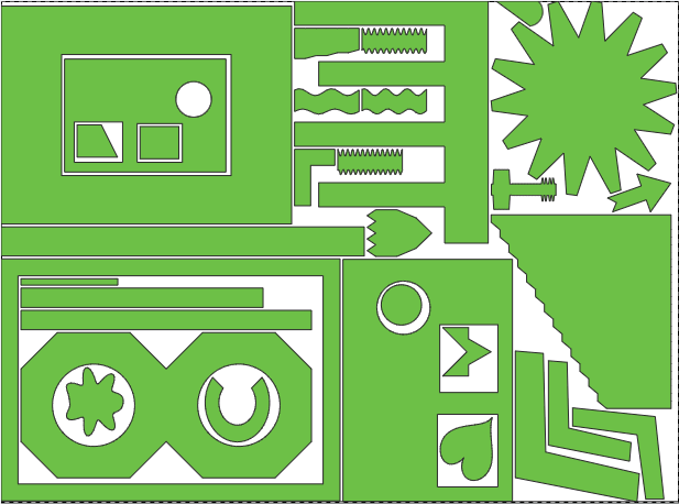 A nesting result in PSLNest: parts of many shapes placed on a sheet, with parts inside the openings of larger parts.